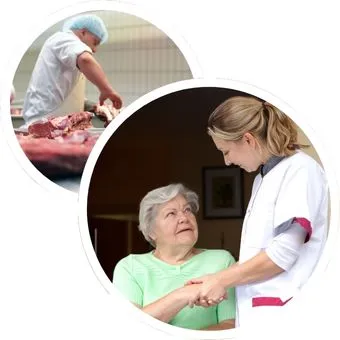 Pflegerin betreut Seniorin in häuslicher Pflege. Arbeiter in Fleischfabrik zerlegt Fleisch.
