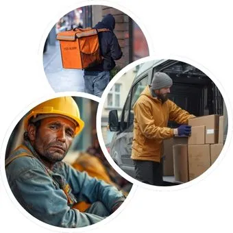 Essenslieferant liefert Essen. Paketzusteller liefert Pakete. Bauarbeiter ist auf der Baustelle.